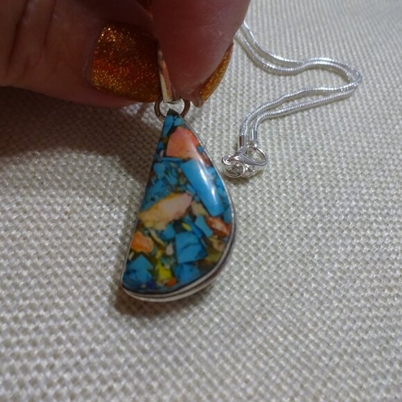 Beautiful OYSTER TURQUOISE Handmade Sterling 925 Pendant/Chain #598C - Picture 2 of 3